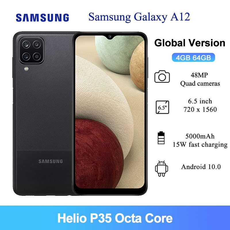 Global Version Samsung Galaxy A12 Cell Phone 64GB 4GB RAM 6.5 Inch Helio P35 Octa Core 48MP AI Quad Cameras 5000mAh Mobile Phone|Cellphones| - AliExpress