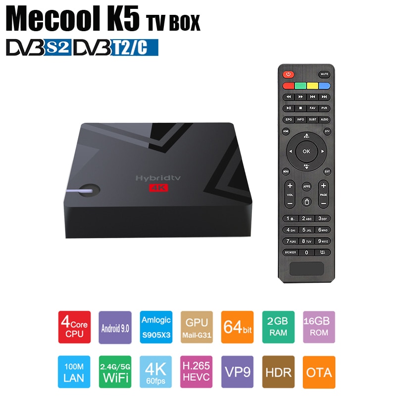 Mecool K5 Satellite Receiver DVB S2/T2/C Combo Smart TV Box OS Android 9.0 Amlogic S905x3 H.265 CPU ​RAM 2GB ​ROM 16GB 4K TV BOX
