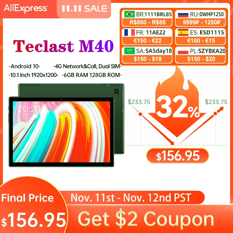 Teclast M40 10.1'' Tablet UNISOC T618 Octa Core 1920x1200 4G Network 6GB RAM 128GB ROM Android 10 Dual Wifi Type-C Tablets PC