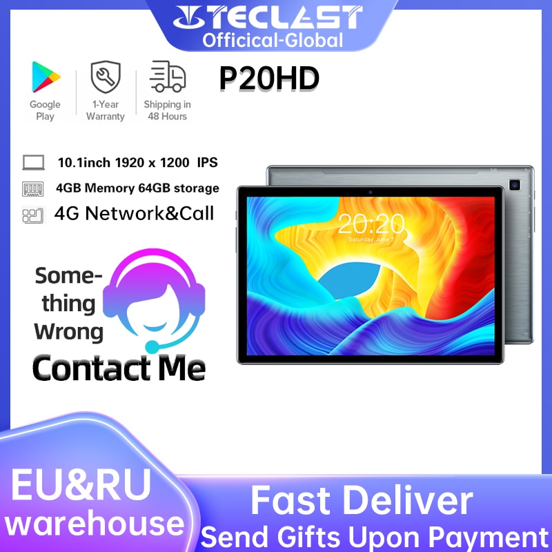 Teclast P20HD Tablet 10.1" Octa Core Android10 1920x1200 SC9863A 4GB RAM 64GB ROM 4G phone Call AI Speed-up Dual Wifi Tablets PC