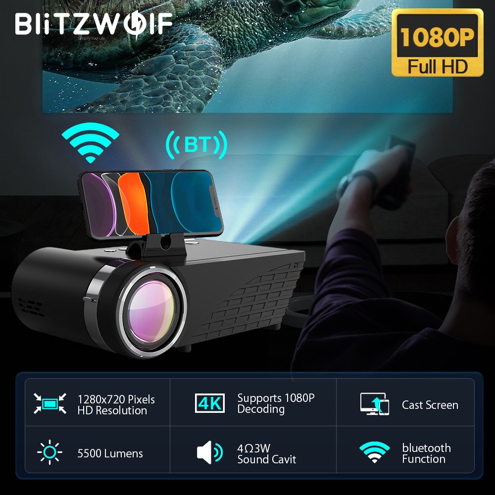 BlitzWolf BW-VP8 WIFI Projector 5500Lumens LCD LED Cast Screen Buetooth Earphone Sound Wireless Phone Same Screen Full HD 1080P