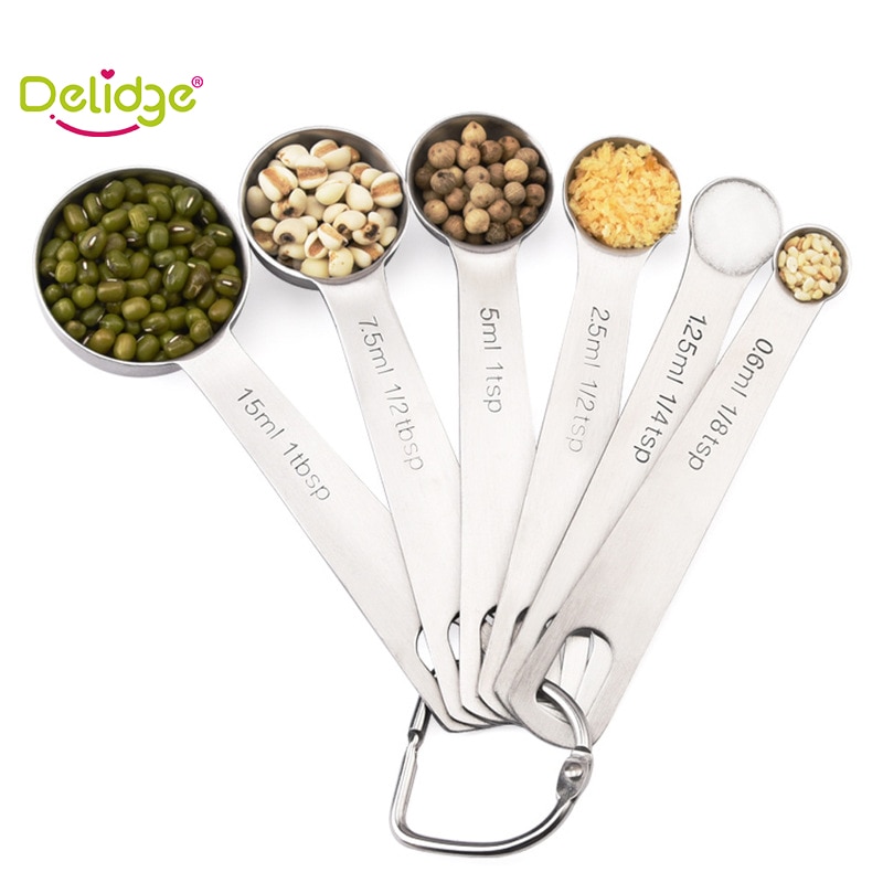 Delidge 6 PCS/Set Multipurpose Food Grade Stainless Steel Measuring Spoons Coffee Powder Spice Measure Scoop Kitchen Baking Tool